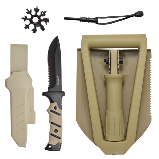 Camillus Adventure Pack, 4.88" Drop-Point Knife and Sheath, with Foldable Shovel, Firestarter and 18-Multi-Tools